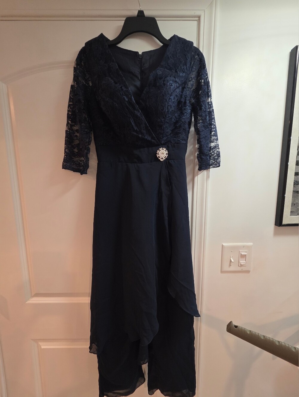 Navy Lace Wrap-Front Evening Pantsuit